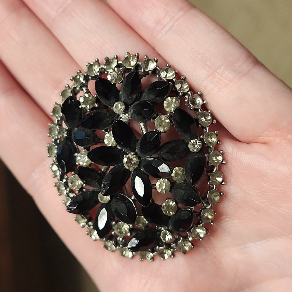 Black and Crystal Flower Design Brooch